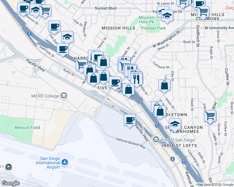 map of restaurants, bars, coffee shops, grocery stores, and more near 1715 Hancock Street in San Diego