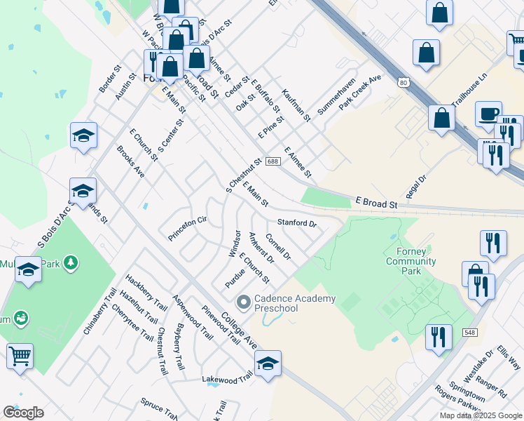 map of restaurants, bars, coffee shops, grocery stores, and more near 220 Stanford Street in Forney
