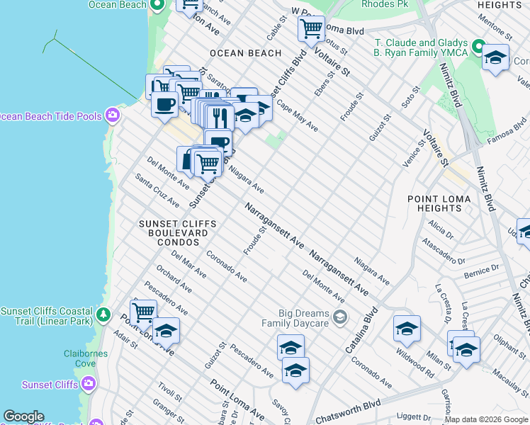 map of restaurants, bars, coffee shops, grocery stores, and more near 4620 Narragansett Avenue in San Diego