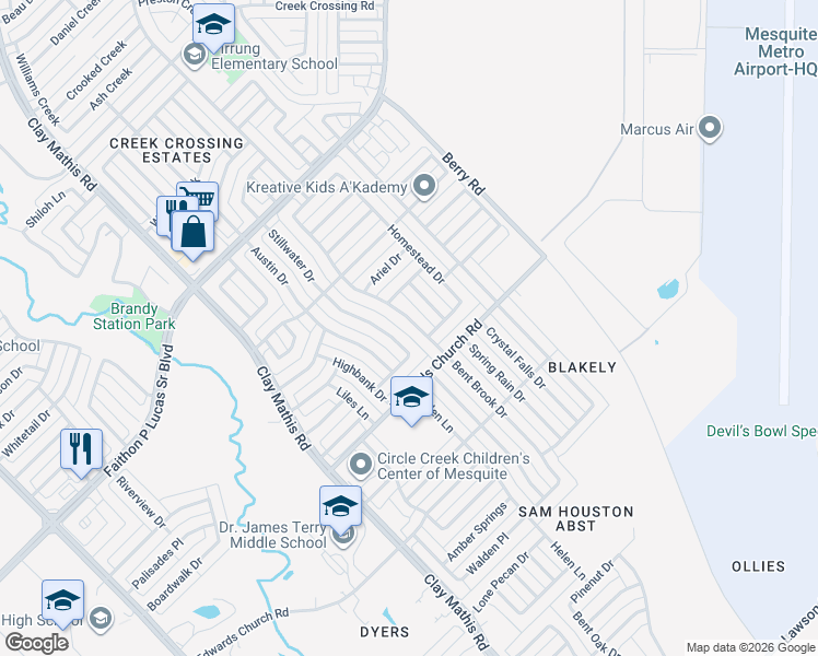 map of restaurants, bars, coffee shops, grocery stores, and more near 2329 Bent Brook Drive in Mesquite