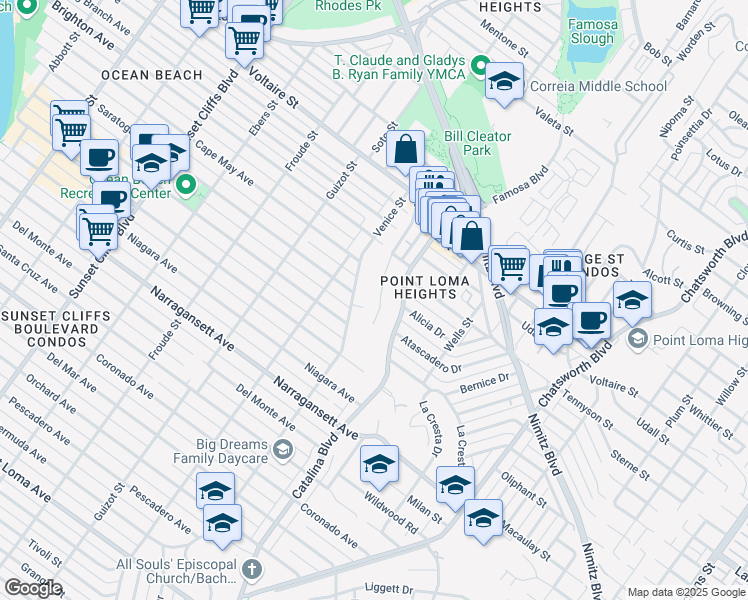 map of restaurants, bars, coffee shops, grocery stores, and more near in San Diego