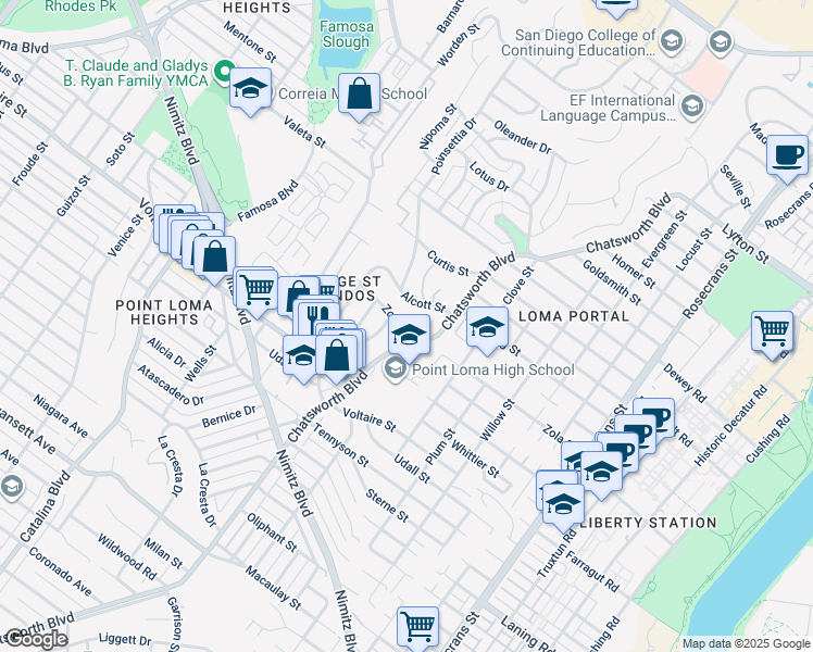 map of restaurants, bars, coffee shops, grocery stores, and more near 3616 Zola Street in San Diego