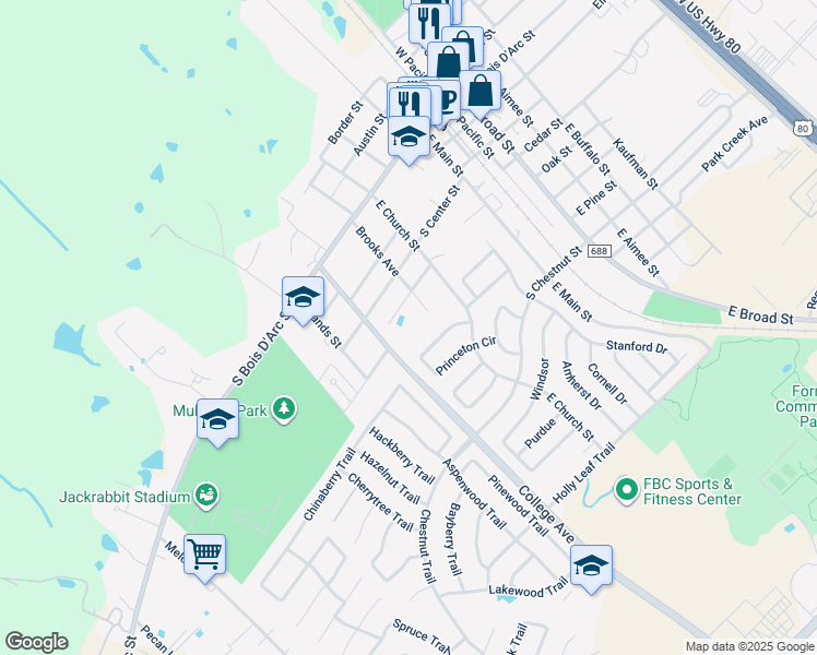 map of restaurants, bars, coffee shops, grocery stores, and more near 404 East Brooks Street in Forney