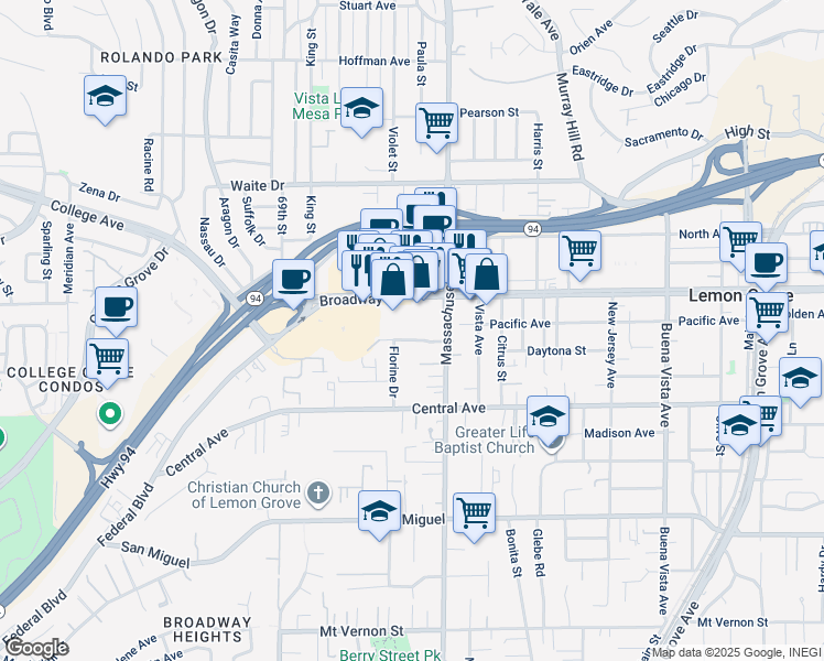 map of restaurants, bars, coffee shops, grocery stores, and more near 7161 Broadway in Lemon Grove