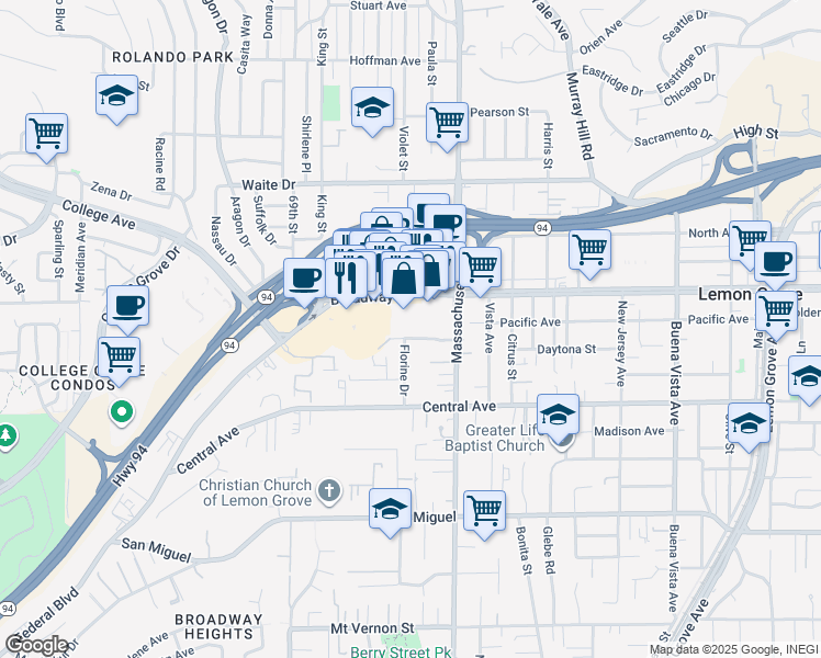 map of restaurants, bars, coffee shops, grocery stores, and more near 7107 Broadway in Lemon Grove