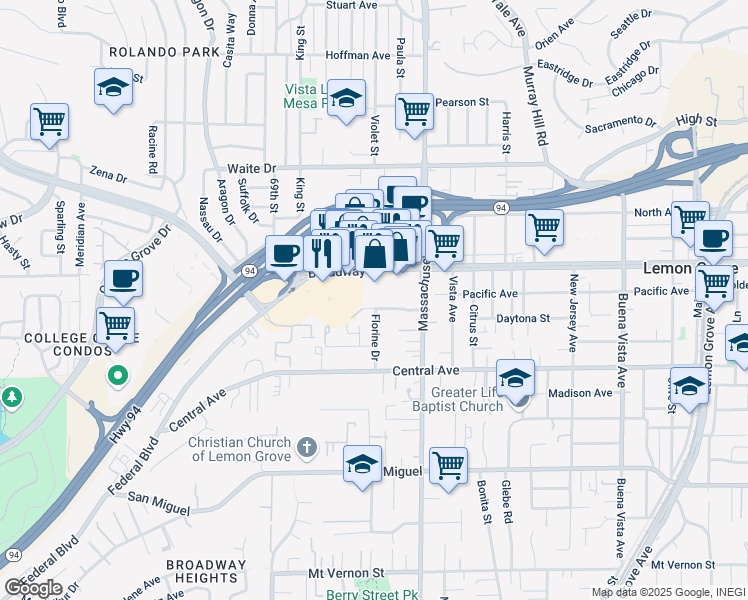 map of restaurants, bars, coffee shops, grocery stores, and more near 7107 Broadway in Lemon Grove
