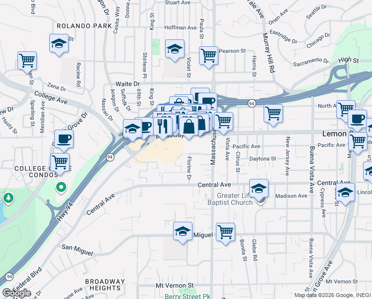 map of restaurants, bars, coffee shops, grocery stores, and more near 7107 Broadway in Lemon Grove