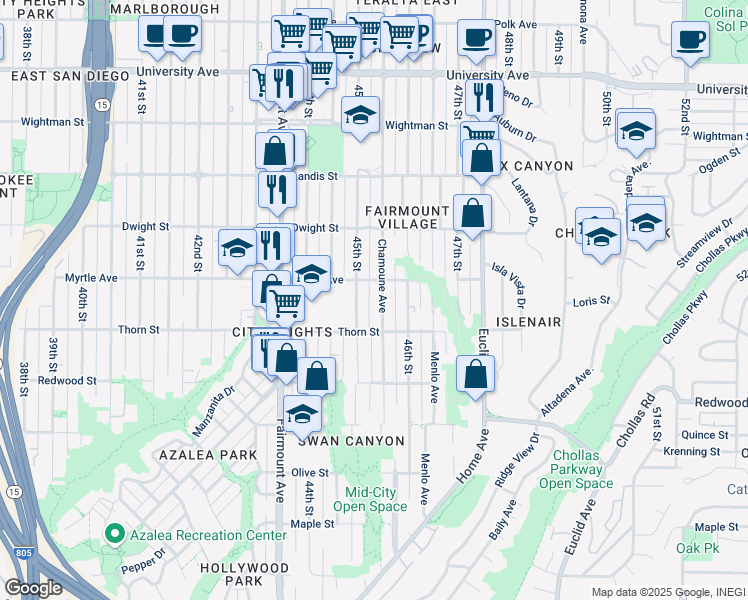map of restaurants, bars, coffee shops, grocery stores, and more near 3439 45th Street in San Diego