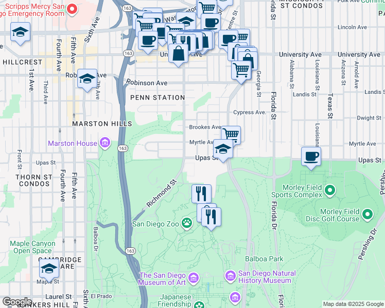 map of restaurants, bars, coffee shops, grocery stores, and more near 3443 Albert Street in San Diego