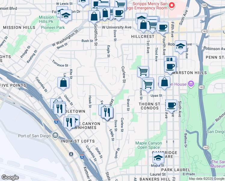 map of restaurants, bars, coffee shops, grocery stores, and more near 3493 Reynard Way in San Diego