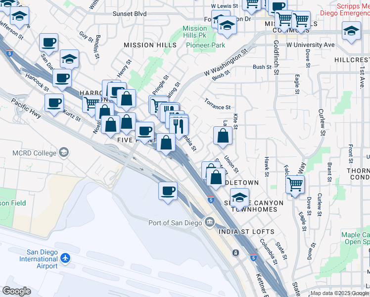 map of restaurants, bars, coffee shops, grocery stores, and more near 3667 India Street in San Diego