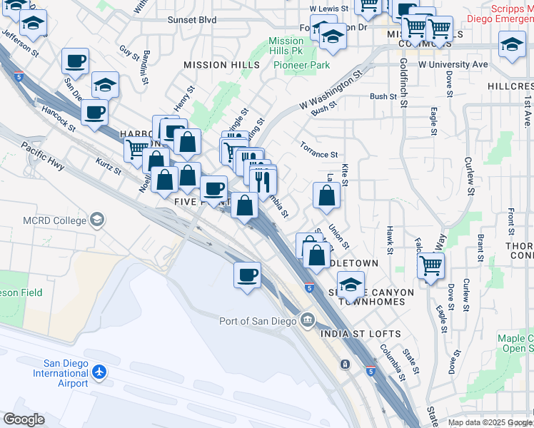 map of restaurants, bars, coffee shops, grocery stores, and more near 3667 India Street in San Diego
