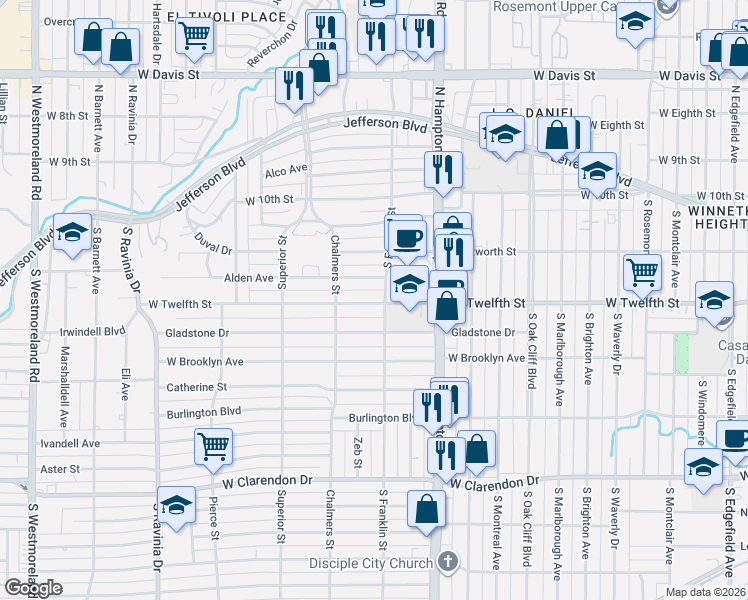 map of restaurants, bars, coffee shops, grocery stores, and more near 2510 Alden Avenue in Dallas
