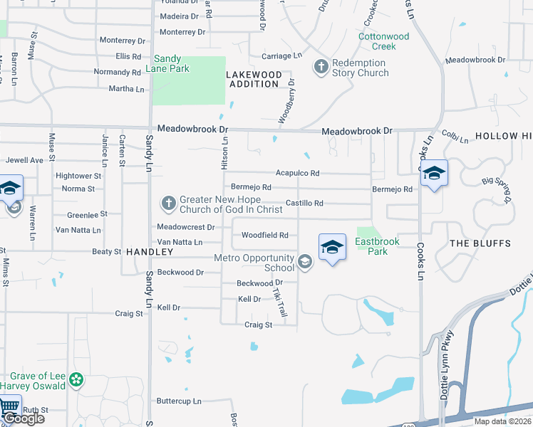 map of restaurants, bars, coffee shops, grocery stores, and more near 7528 Castillo Road in Fort Worth