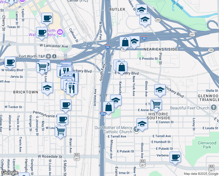map of restaurants, bars, coffee shops, grocery stores, and more near 213 South Freeway in Fort Worth