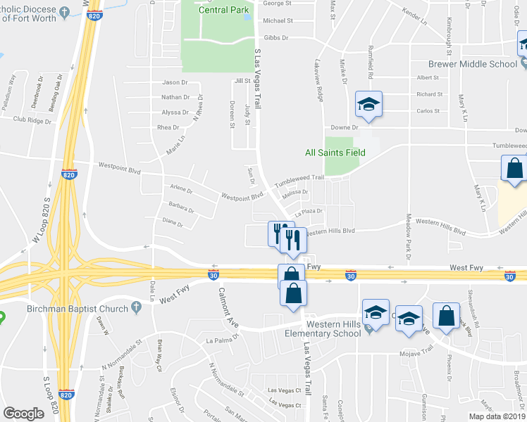 map of restaurants, bars, coffee shops, grocery stores, and more near 1714 South Las Vegas Trail in White Settlement