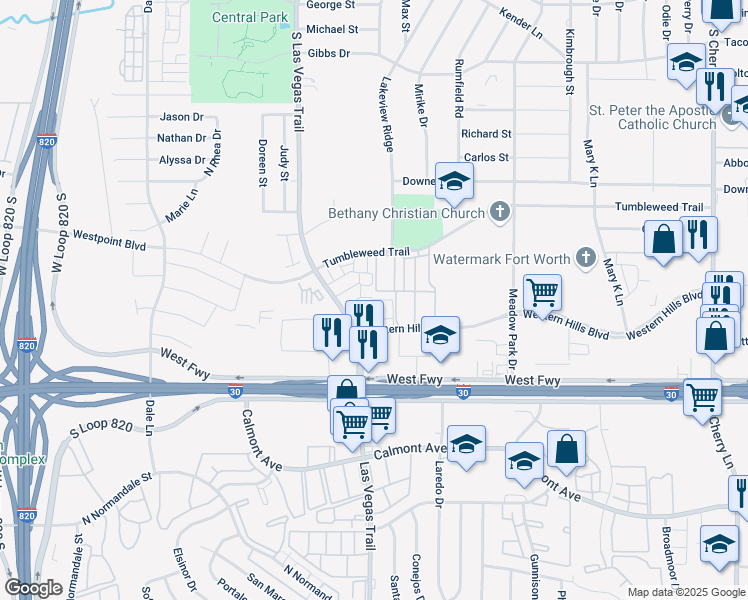 map of restaurants, bars, coffee shops, grocery stores, and more near 8559 La Plaza Drive in White Settlement