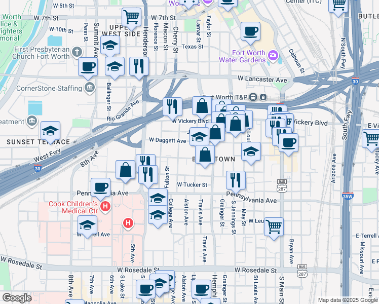 map of restaurants, bars, coffee shops, grocery stores, and more near 302 Lipscomb Street in Fort Worth