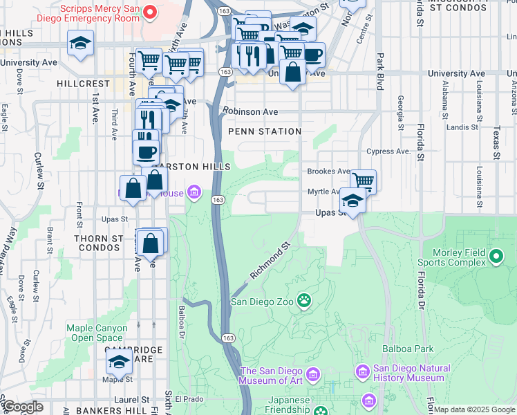 map of restaurants, bars, coffee shops, grocery stores, and more near 1010 Myrtle Way in San Diego