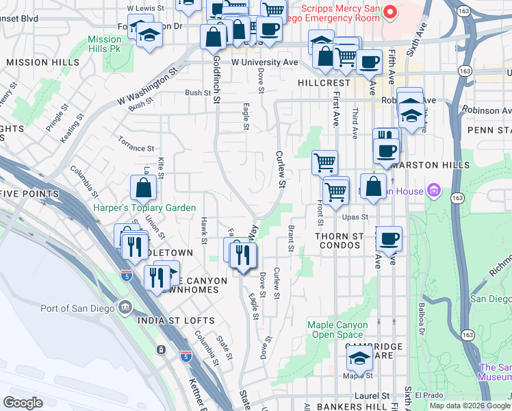 map of restaurants, bars, coffee shops, grocery stores, and more near 3443 Reynard Way in San Diego
