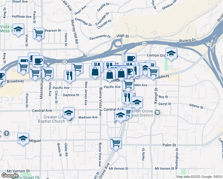 map of restaurants, bars, coffee shops, grocery stores, and more near 7663 Broadway in Lemon Grove