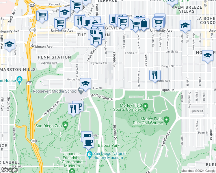 map of restaurants, bars, coffee shops, grocery stores, and more near 3440 Florida Street in San Diego