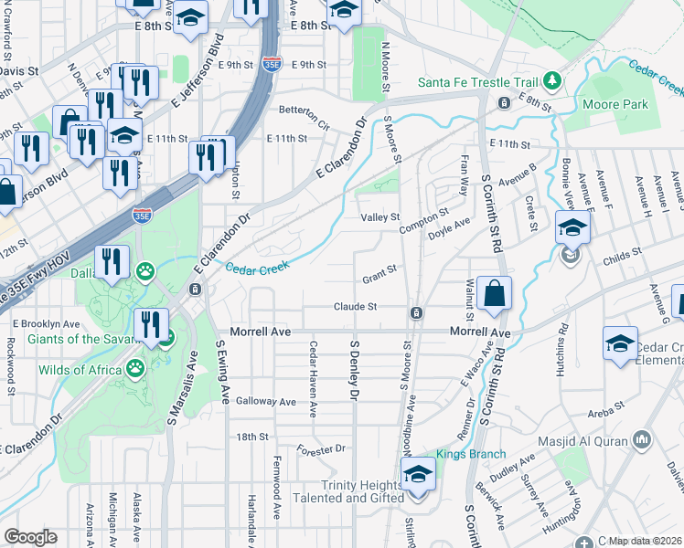 map of restaurants, bars, coffee shops, grocery stores, and more near 632 South Denley Drive in Dallas