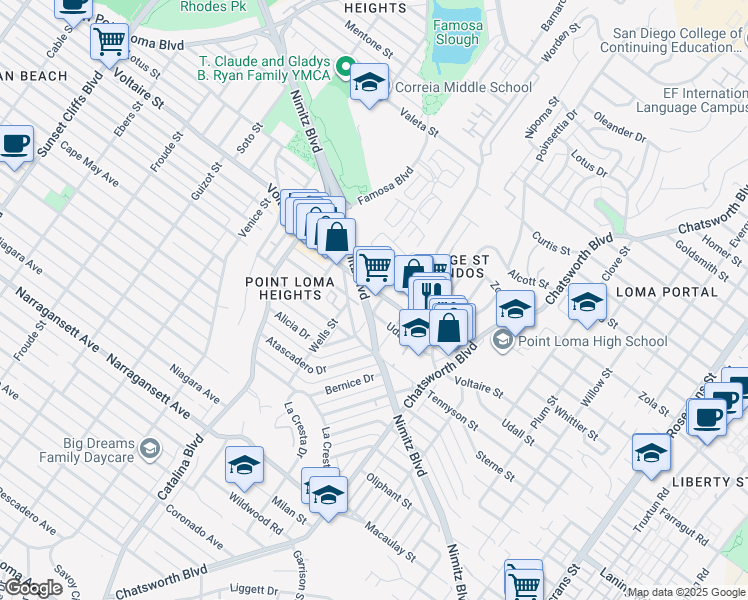 map of restaurants, bars, coffee shops, grocery stores, and more near 3909 Voltaire Street in San Diego