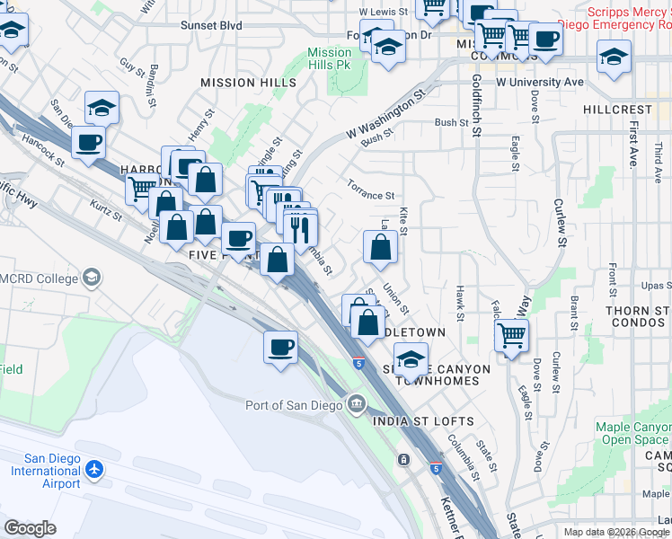 map of restaurants, bars, coffee shops, grocery stores, and more near 1617 Chalmers Street in San Diego