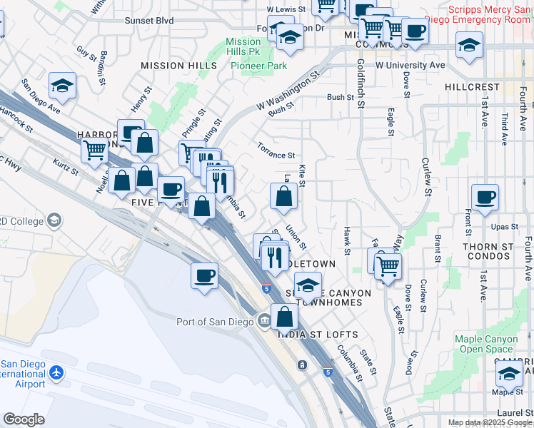 map of restaurants, bars, coffee shops, grocery stores, and more near 1531 Glenwood Drive in San Diego