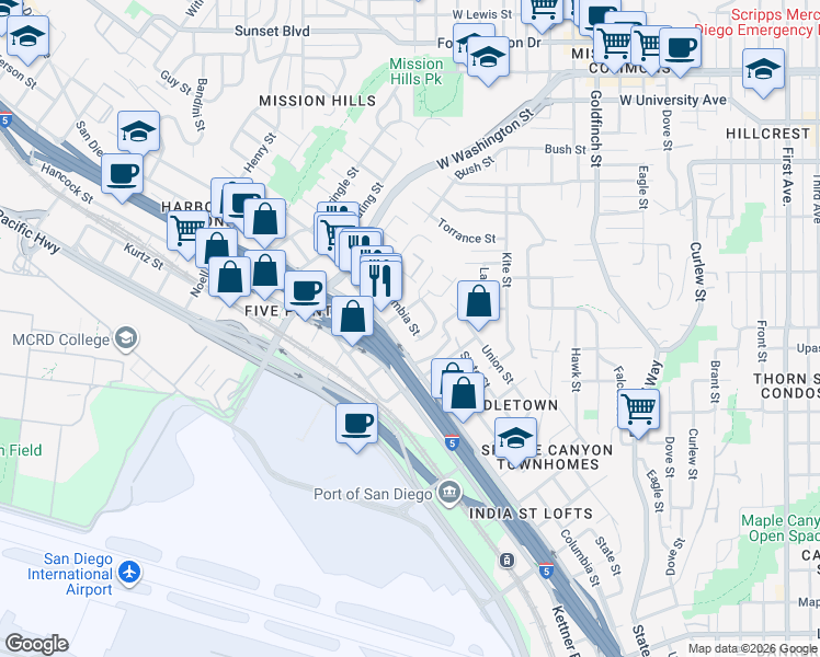 map of restaurants, bars, coffee shops, grocery stores, and more near 1617 Chalmers Street in San Diego