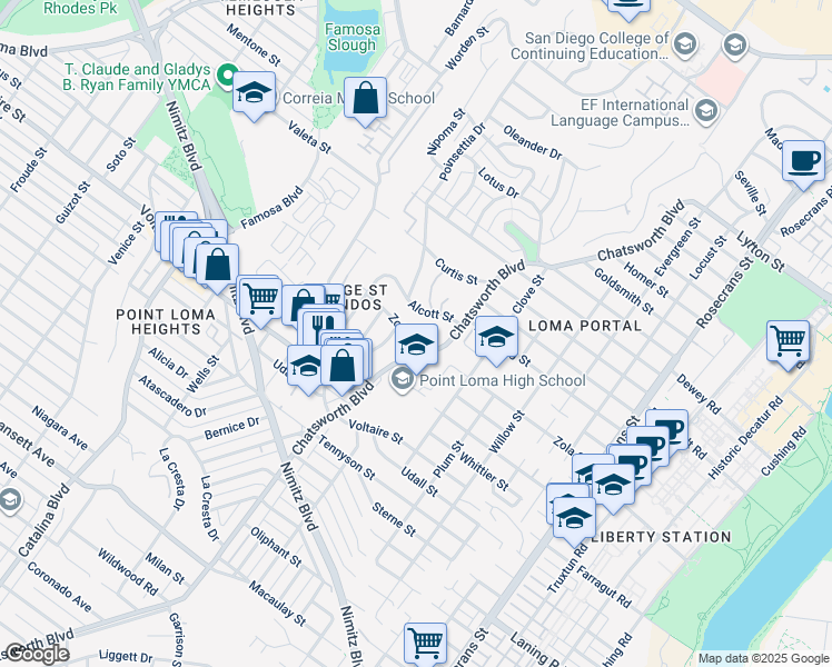 map of restaurants, bars, coffee shops, grocery stores, and more near 3616 Zola Street in San Diego