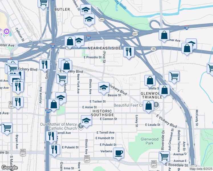 map of restaurants, bars, coffee shops, grocery stores, and more near 1220 East Vickery Boulevard in Fort Worth