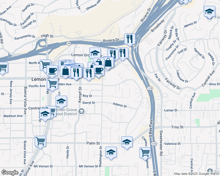 map of restaurants, bars, coffee shops, grocery stores, and more near 8214 Golden Avenue in Lemon Grove