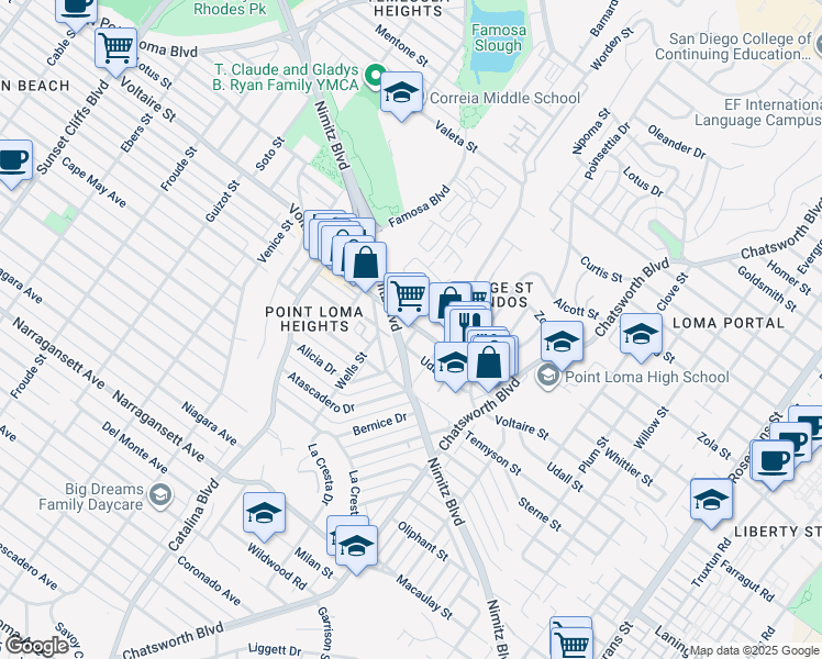 map of restaurants, bars, coffee shops, grocery stores, and more near 3909 Voltaire Street in San Diego