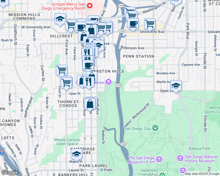 map of restaurants, bars, coffee shops, grocery stores, and more near 3525 7th Avenue in San Diego