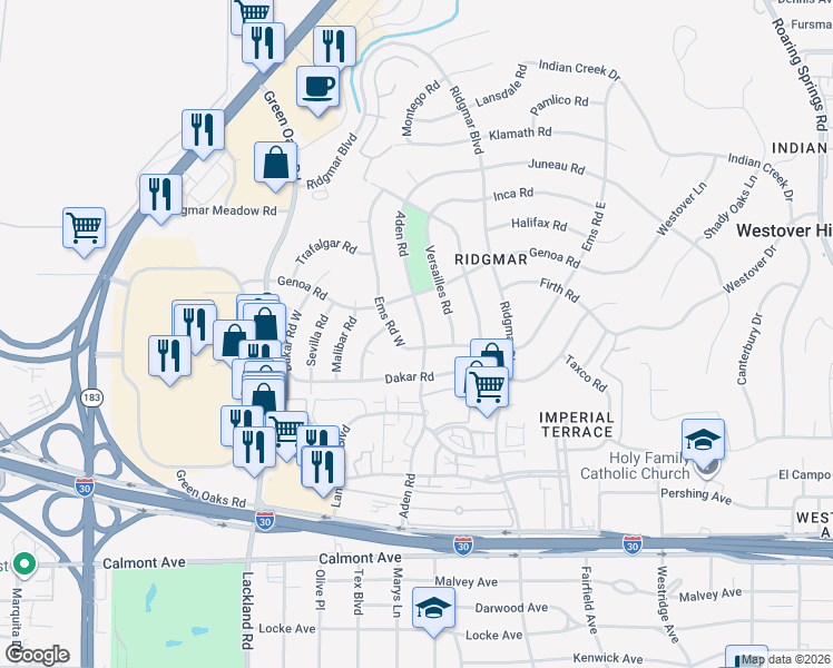 map of restaurants, bars, coffee shops, grocery stores, and more near 1708 Aden Road in Fort Worth