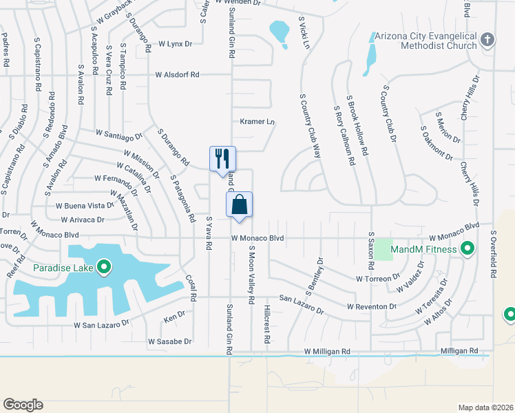 map of restaurants, bars, coffee shops, grocery stores, and more near 15237 South Moon Valley Road in Arizona City
