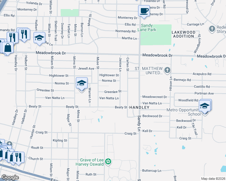map of restaurants, bars, coffee shops, grocery stores, and more near 7241 Greenlee Street in Fort Worth