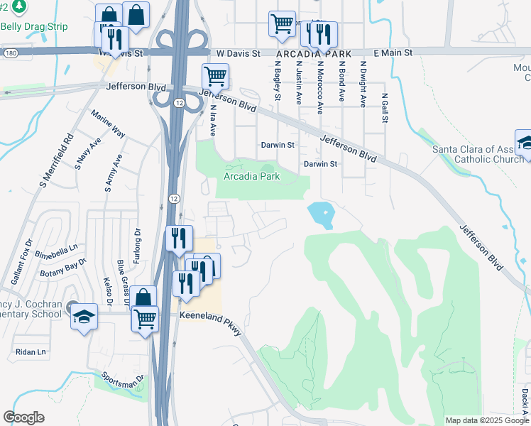 map of restaurants, bars, coffee shops, grocery stores, and more near 3302 South Arcadia Drive in Dallas