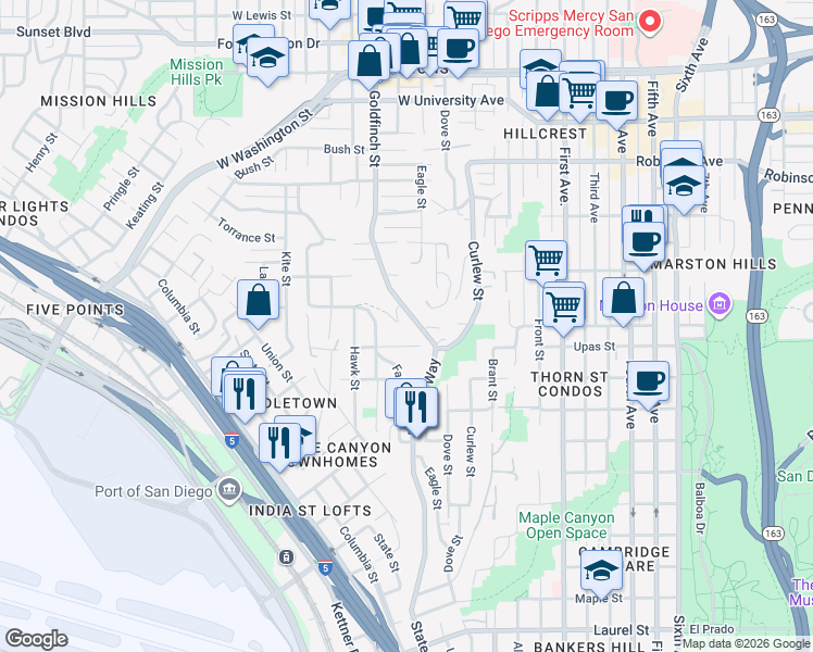 map of restaurants, bars, coffee shops, grocery stores, and more near 3476 Reynard Way in San Diego