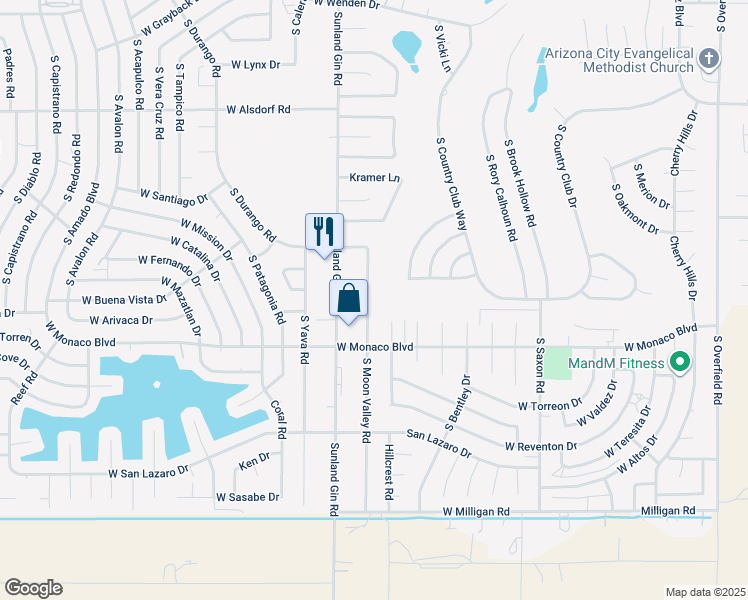 map of restaurants, bars, coffee shops, grocery stores, and more near 15167 South Moon Valley Road in Arizona City