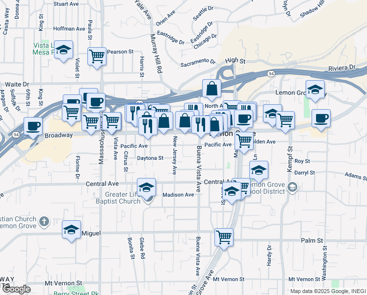 map of restaurants, bars, coffee shops, grocery stores, and more near 3345 New Jersey Avenue in Lemon Grove