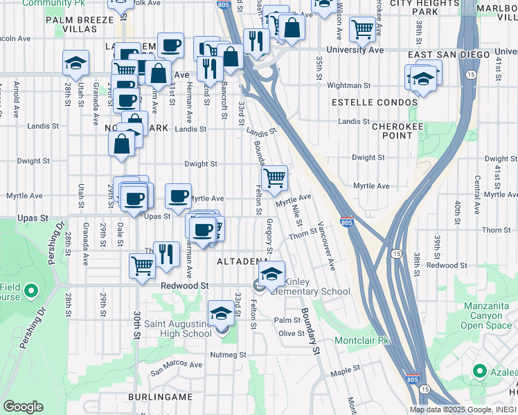 map of restaurants, bars, coffee shops, grocery stores, and more near 3352 Myrtle Avenue in San Diego