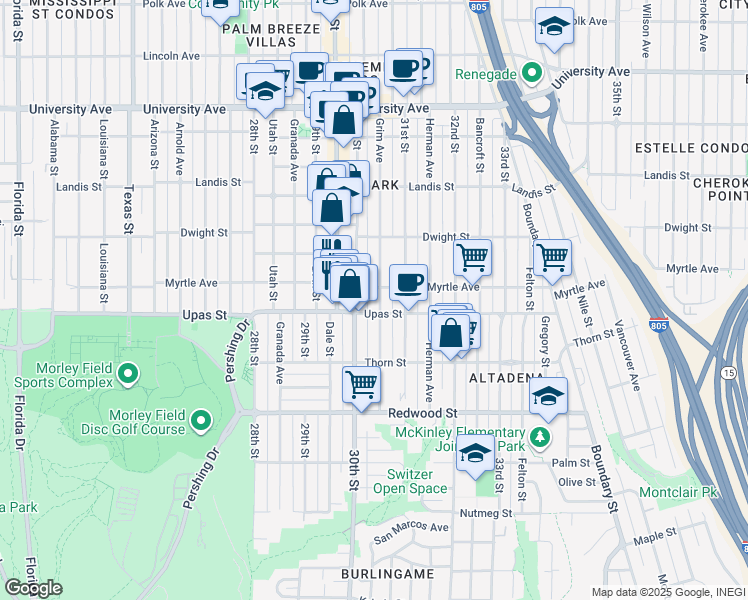 map of restaurants, bars, coffee shops, grocery stores, and more near 3034 Myrtle Avenue in San Diego