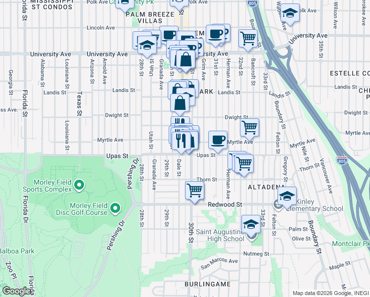 map of restaurants, bars, coffee shops, grocery stores, and more near 2919 Myrtle Avenue in San Diego