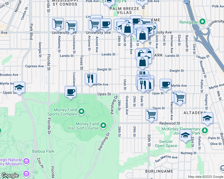 map of restaurants, bars, coffee shops, grocery stores, and more near 3448 Pershing Avenue in San Diego