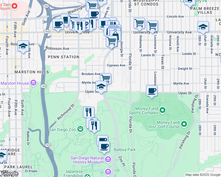 map of restaurants, bars, coffee shops, grocery stores, and more near 1717 Myrtle Avenue in San Diego