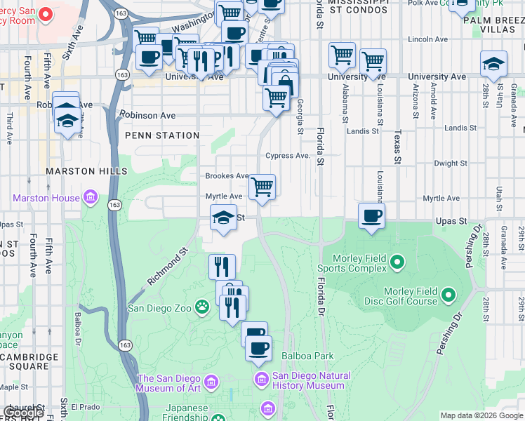 map of restaurants, bars, coffee shops, grocery stores, and more near 1717 Myrtle Avenue in San Diego