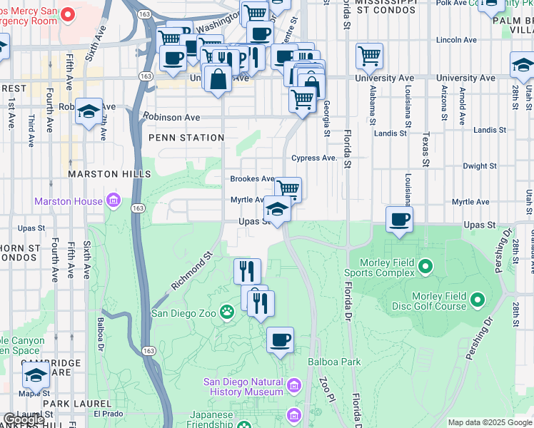 map of restaurants, bars, coffee shops, grocery stores, and more near 1625 Myrtle Avenue in San Diego